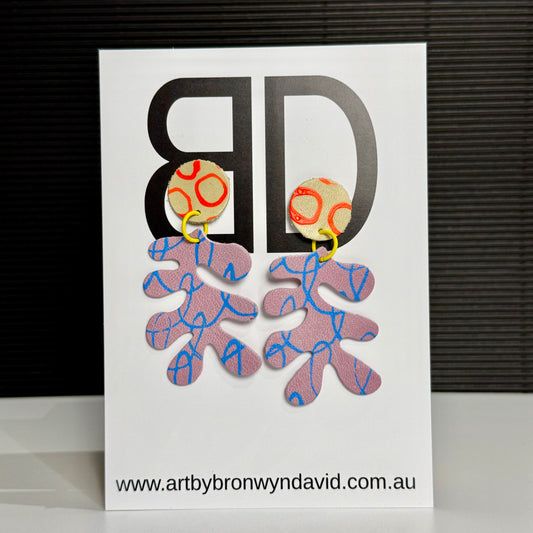 Kelp Earrings Mauve and Blue | Aboriginal Leather Earrings | Art by Bronwyn David
