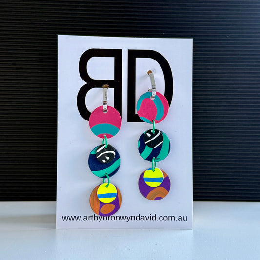 Triple Drops - Handmade Painted Leather Earrings - Lightweight Statement Jewellery | Artisan Crafted