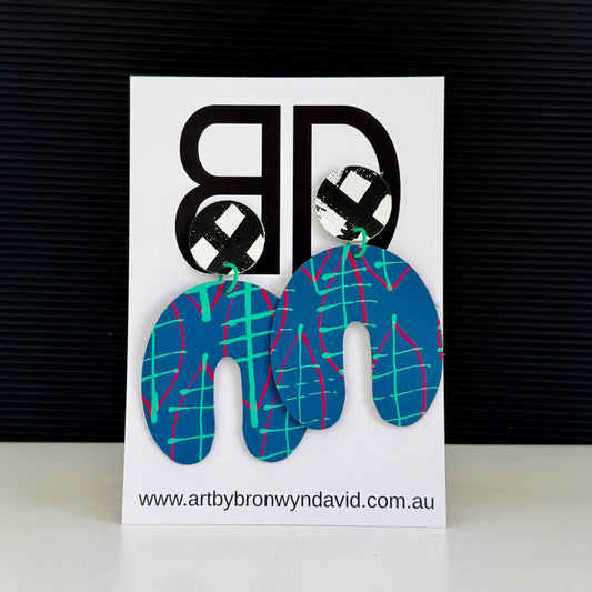 My People XL Blue and Aqua | Aboriginal Leather Earrings | Art by Bronwyn David