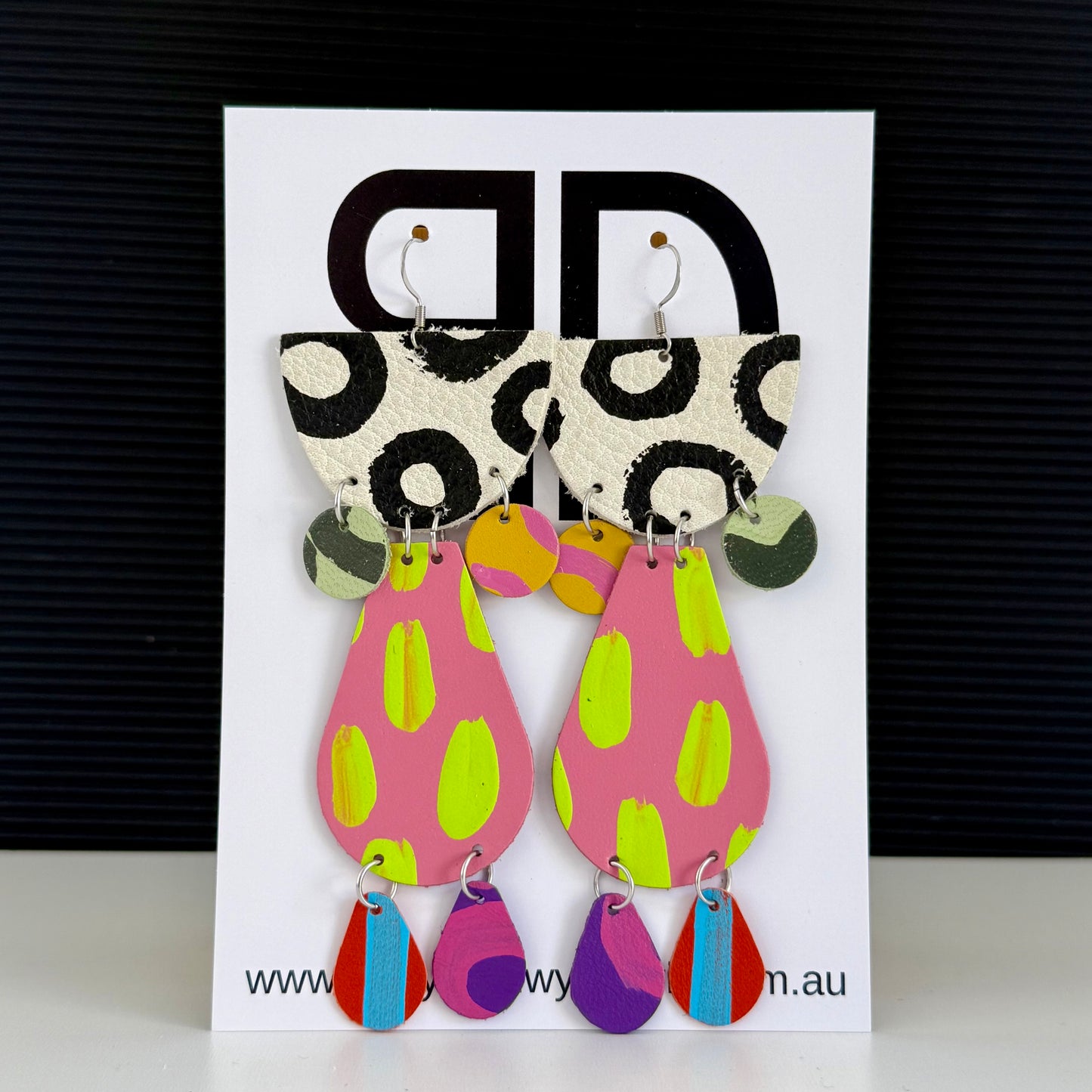 Half Moon Statements Pink and Lime | Aboriginal Leather Earrings | Art by Bronwyn David