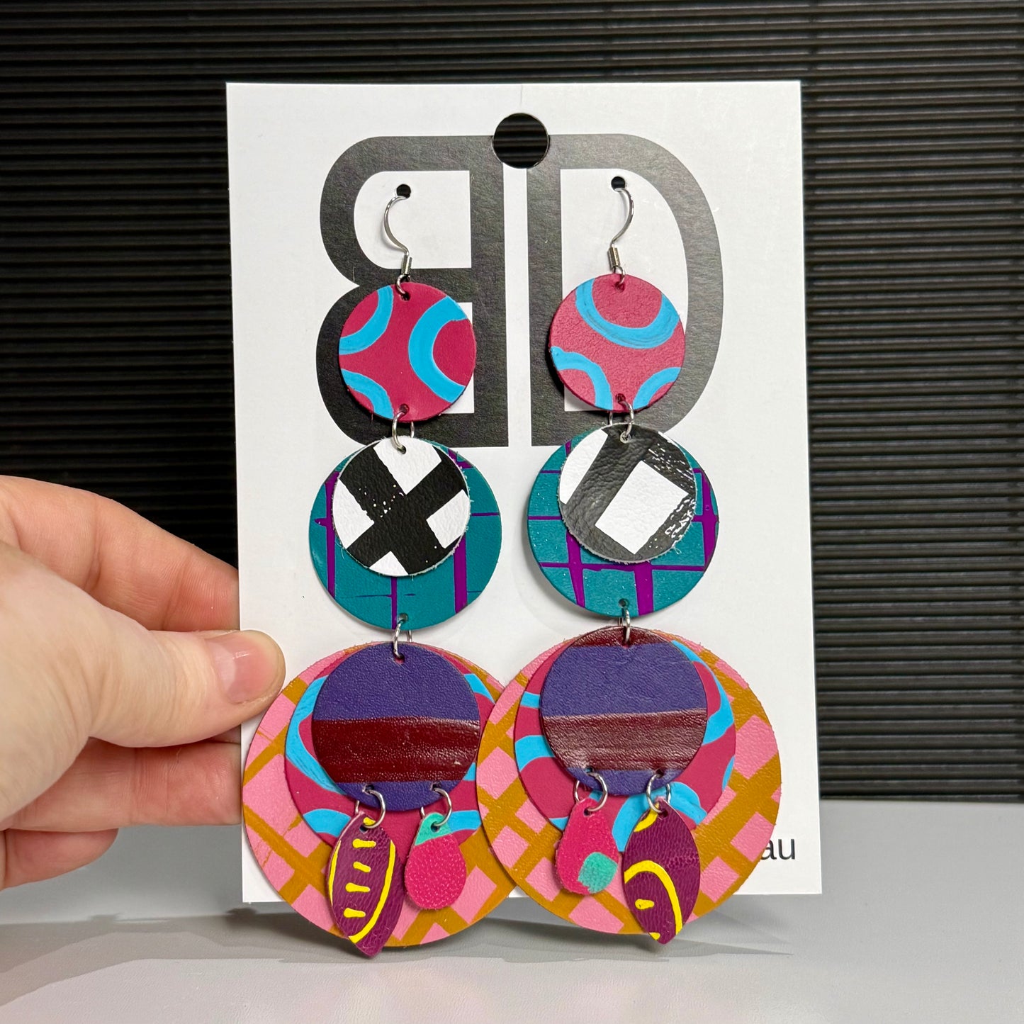 Triple Drop XL Pink and Blue | Aboriginal Leather Earrings | Art by Bronwyn David