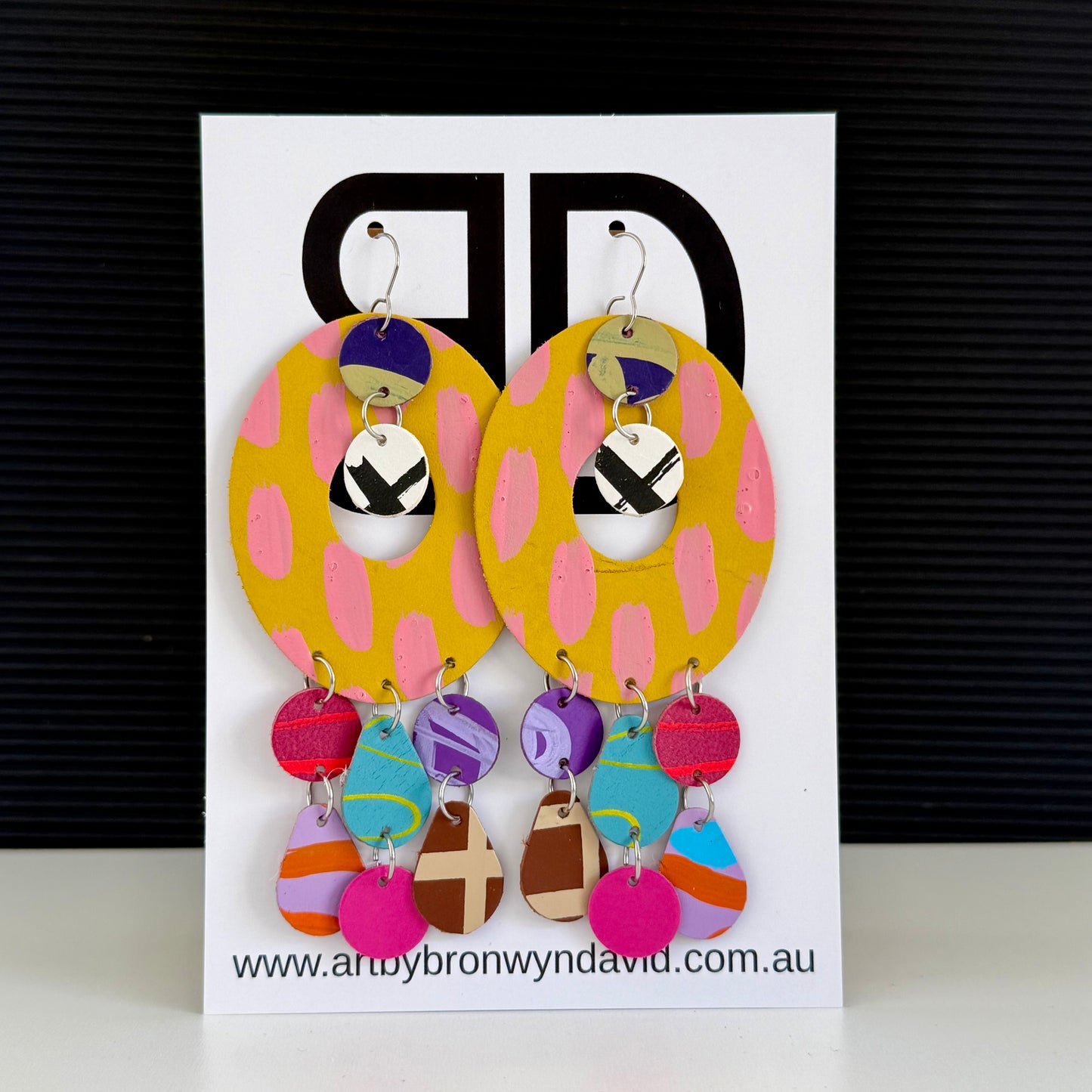 On Country Yellow and Pink | Aboriginal Leather Earrings | Art by Bronwyn David
