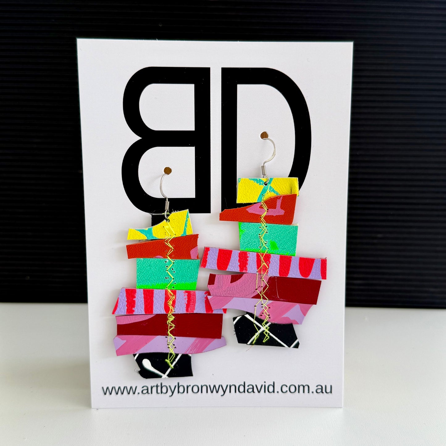 Scrap Stacks Large purple and green | Aboriginal Leather Earrings | Art by Bronwyn David