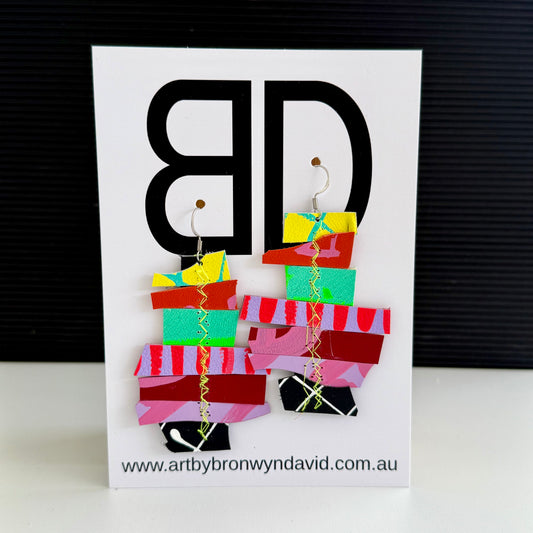 Scrap Stacks Large purple and green | Aboriginal Leather Earrings | Art by Bronwyn David