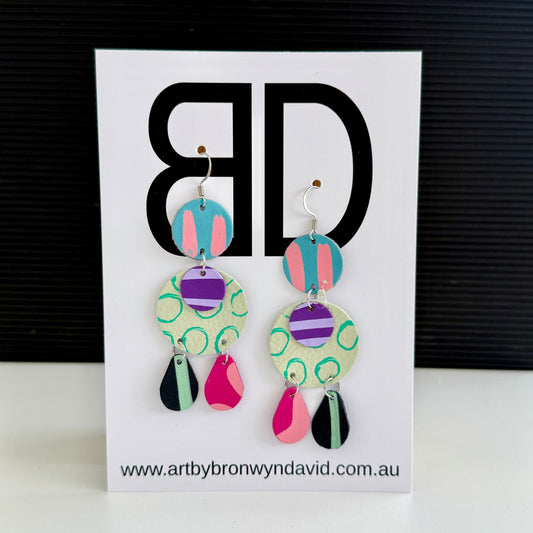 Triple Drop - Handmade Painted Leather Earrings - Lightweight Statement Jewellery | Artisan Crafted