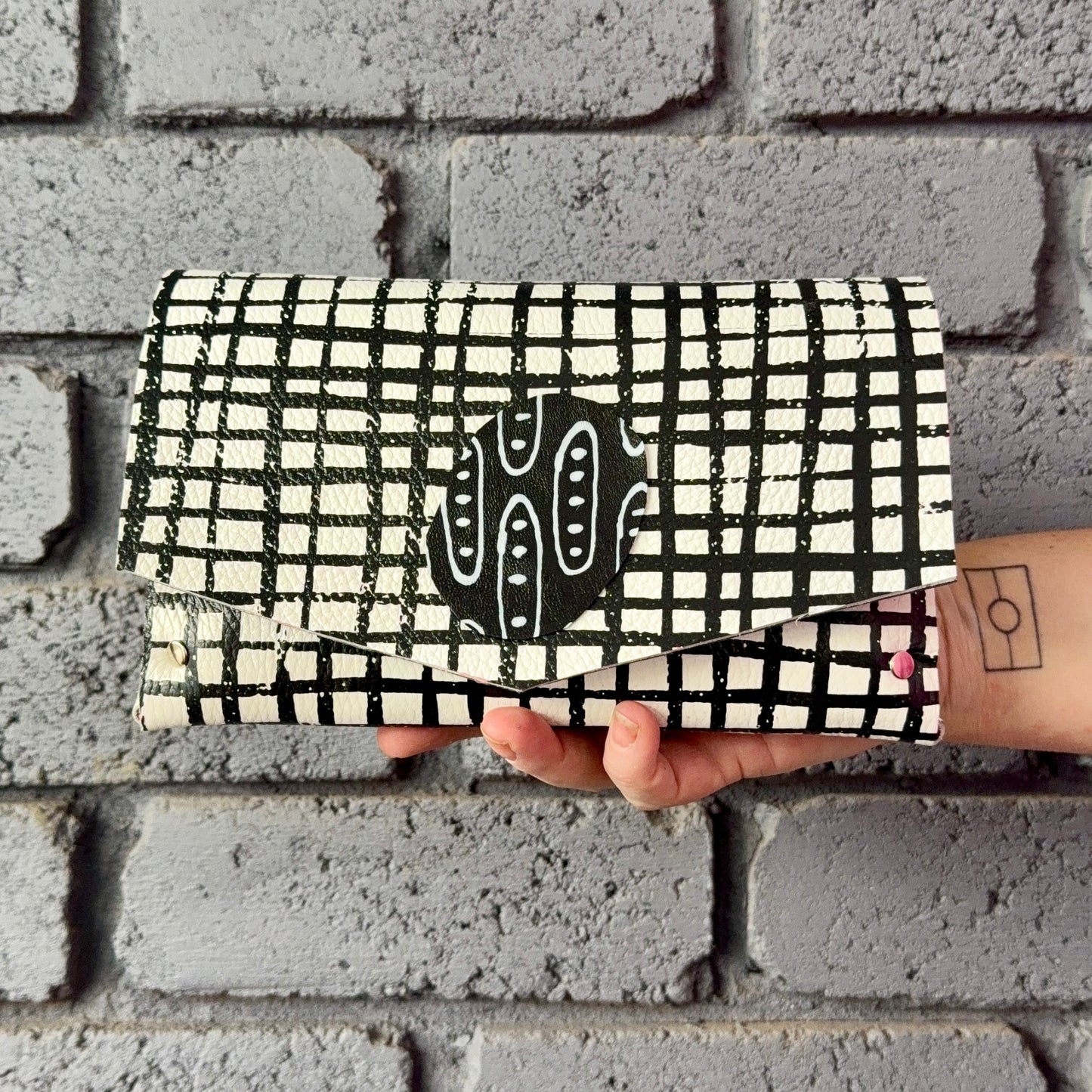 Handmade Hand-Painted Black and White Leather Clutch Purse