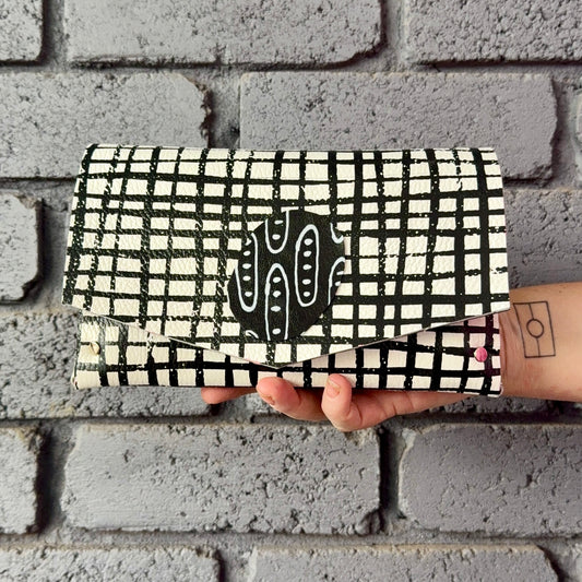 Handmade Hand-Painted Black and White Leather Clutch Purse