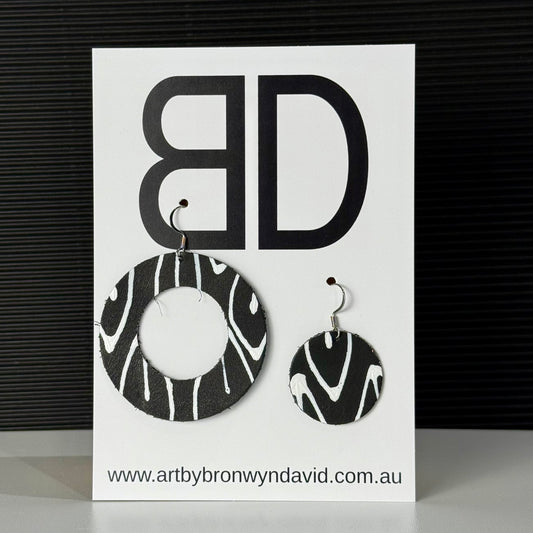 Disc Earrings Black and White | Aboriginal Leather Earrings | Art by Bronwyn David