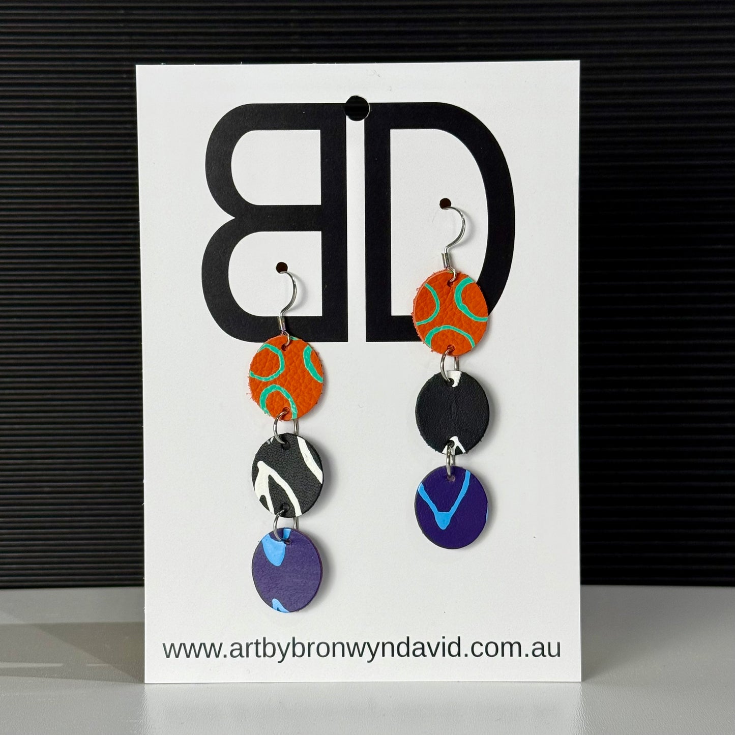 Statement Earrings Orange and Teal | Aboriginal Leather Earrings | Art by Bronwyn David