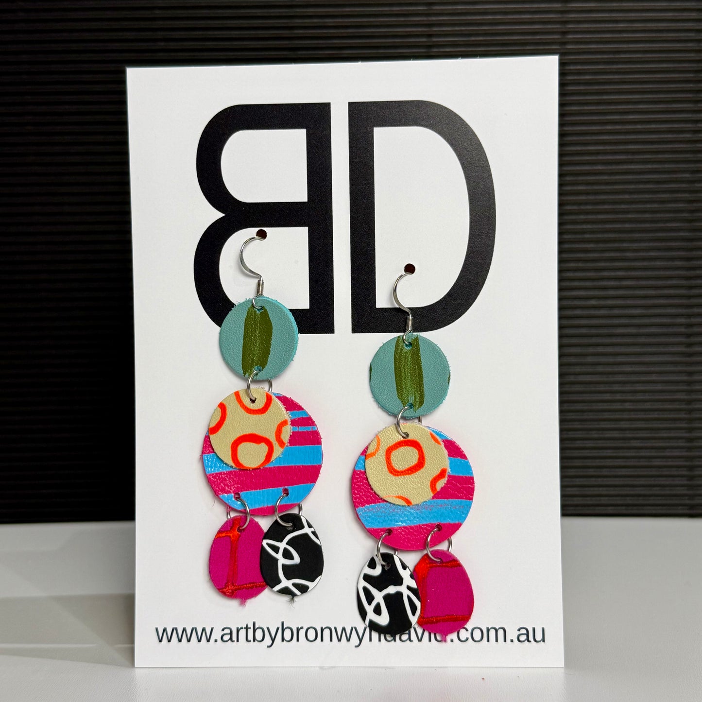 Triple Drop Trio Neon Orange | Aboriginal Leather Earrings | Art by Bronwyn David