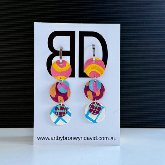 Triple Drops - Handmade Painted Leather Earrings - Lightweight Statement Jewellery | Artisan Crafted