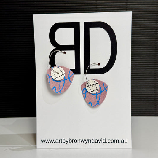 Mini Statement Hoops Mauve and Blue | Aboriginal Leather Earrings | Art by Bronwyn David