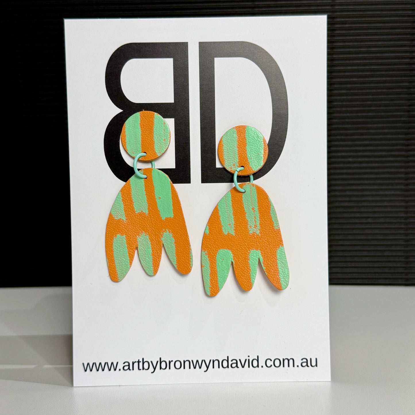 Beverley’s Mango and Pistachio | Aboriginal Leather Earrings | Art by Bronwyn David