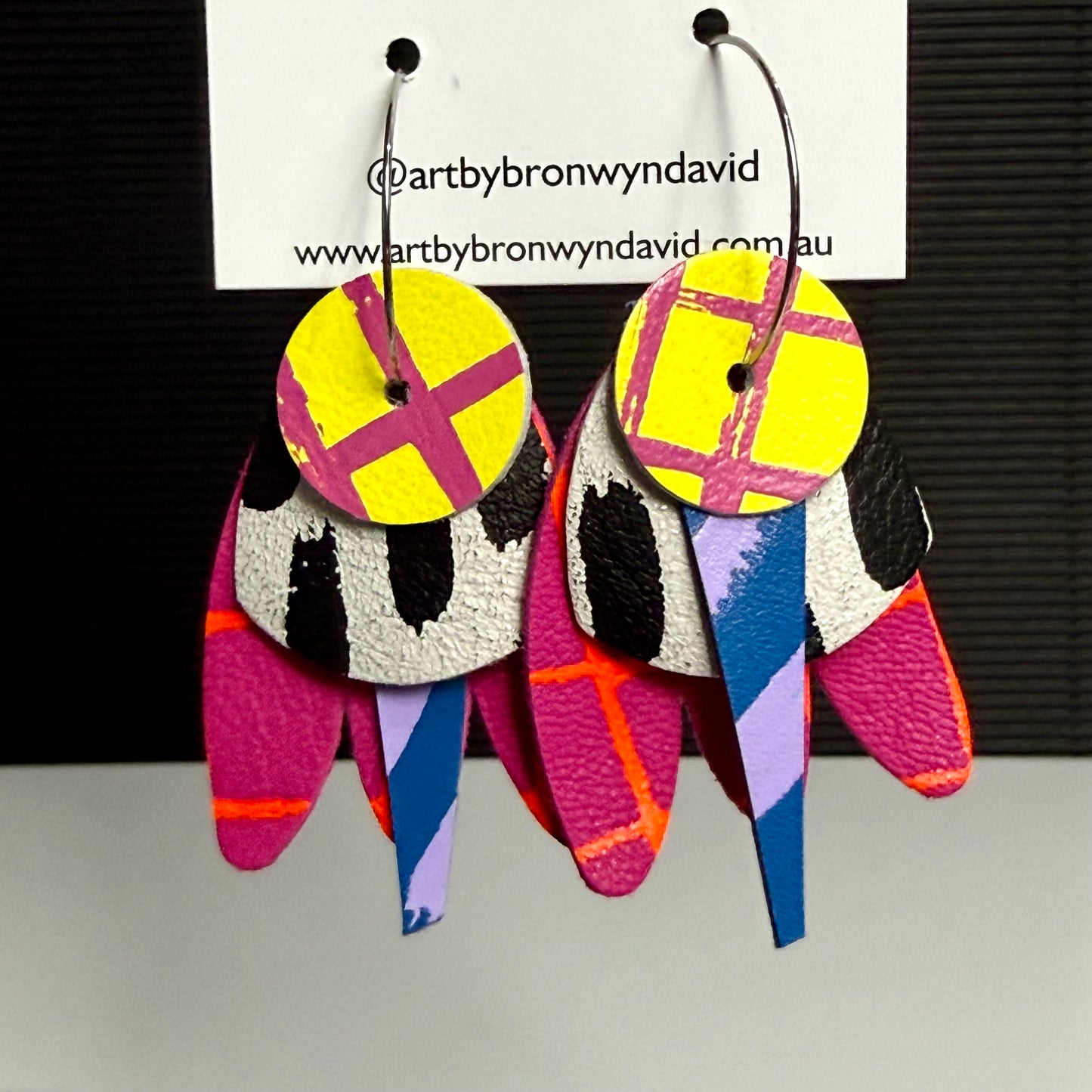 Interchangeable Hoops yellow and pink | Aboriginal Leather Earrings | Art by Bronwyn David