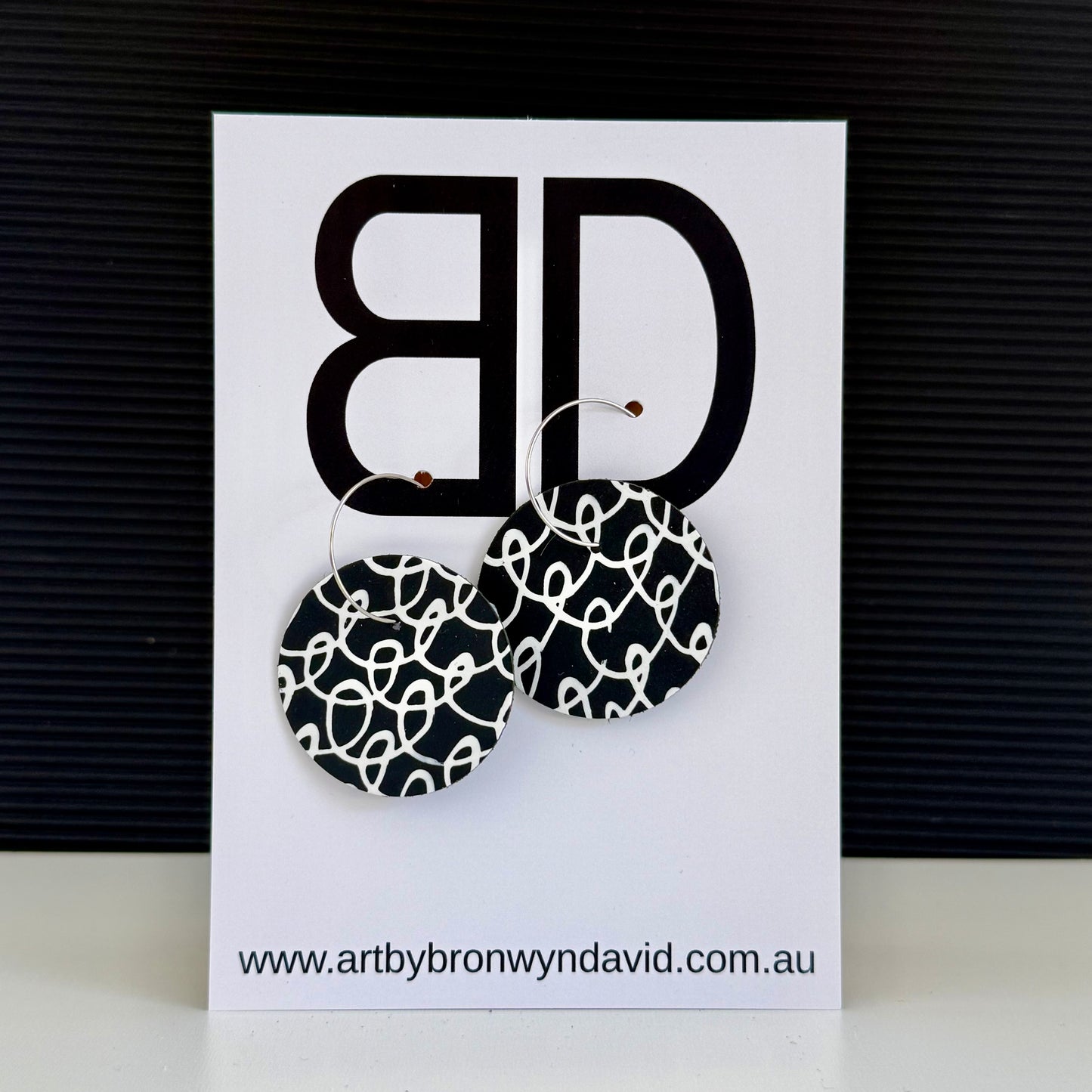 Moon Hoops Black and White | Aboriginal Leather Earrings | Art by Bronwyn David