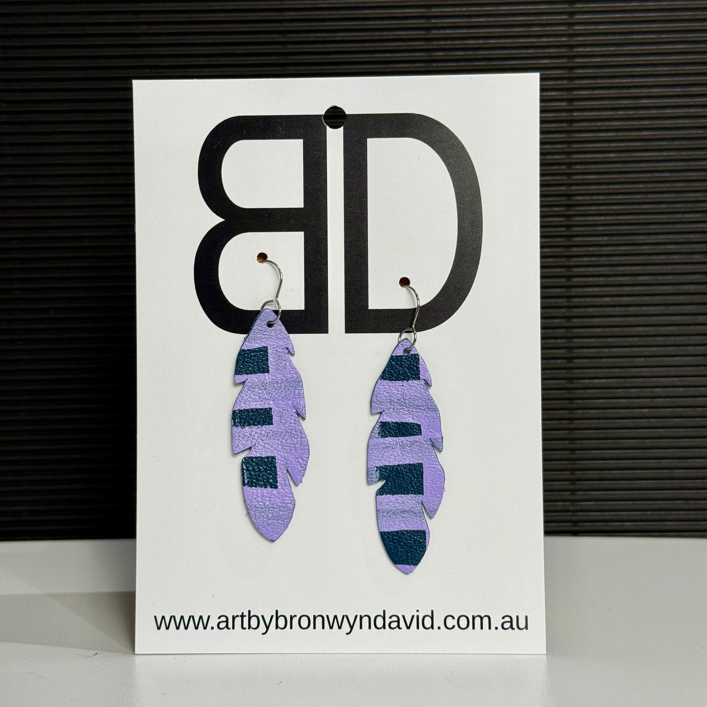 Feather - Single Navy and Purple | Aboriginal Leather Earrings | Art by Bronwyn David
