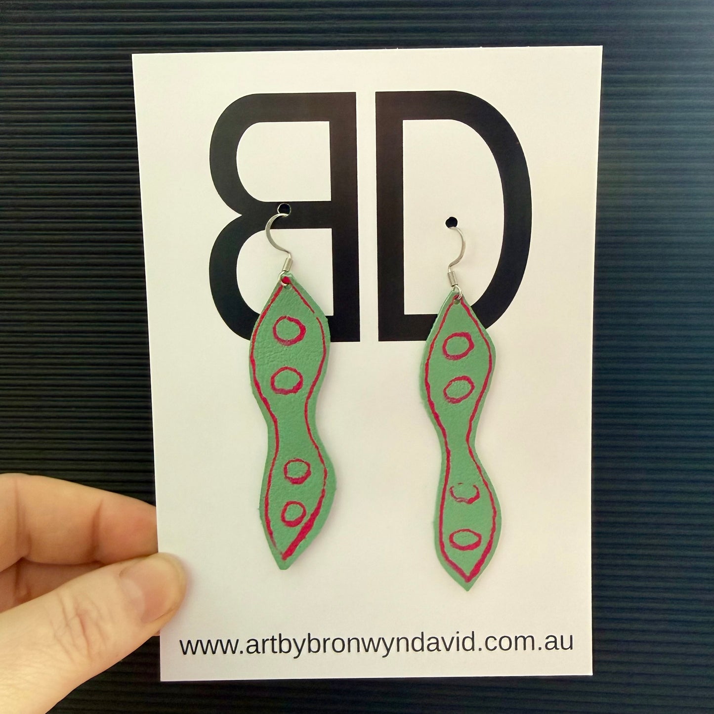 NAIDOC Collection, green and pink seed pods | Aboriginal Leather Earrings | Art by Bronwyn David