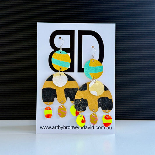 Statement Earrings - Handmade Painted Leather Earrings - Lightweight Statement Jewellery - Aboriginal Design | Artisan Crafted