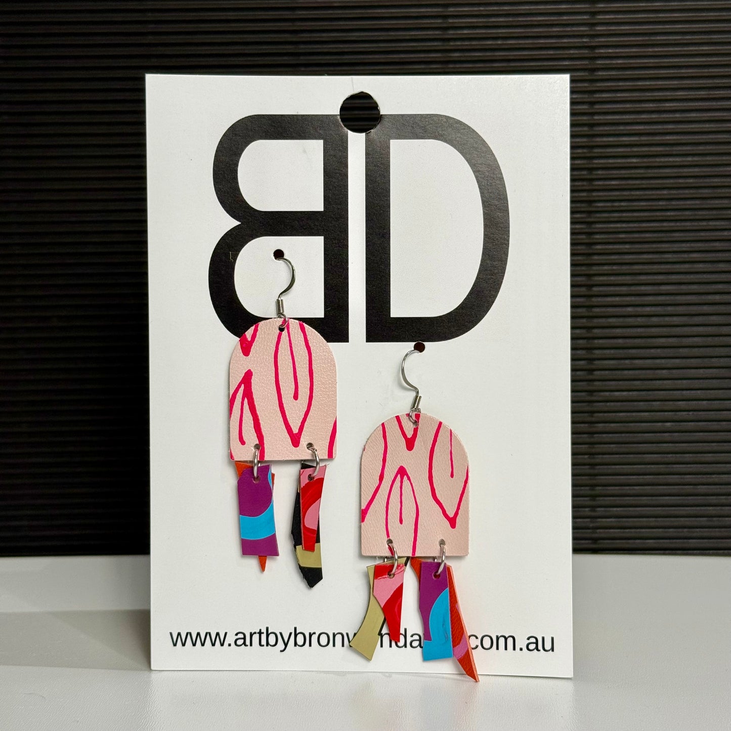Long Arch Earrings Pink on Pink | Aboriginal Leather Earrings | Art by Bronwyn David