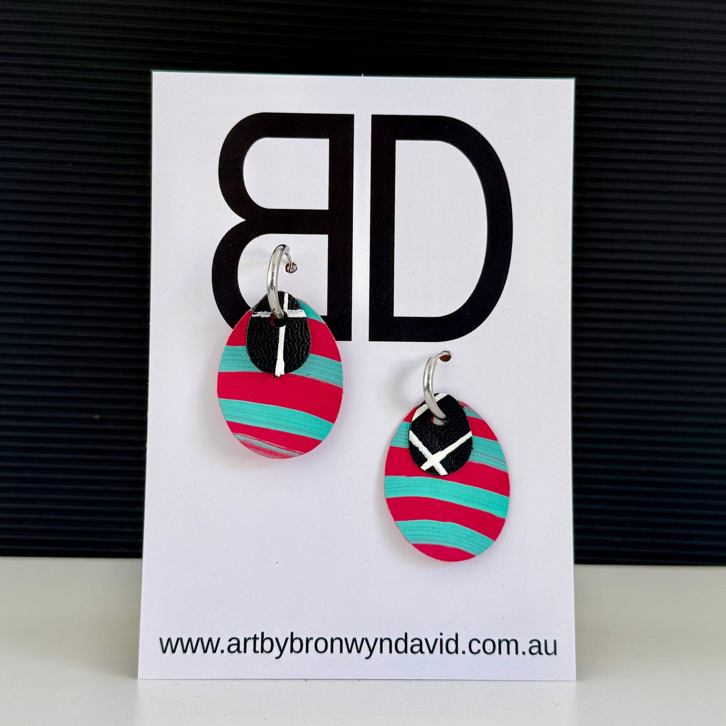 Interchangeable Huggies Pink and Teal | Aboriginal Leather Earrings | Art by Bronwyn David