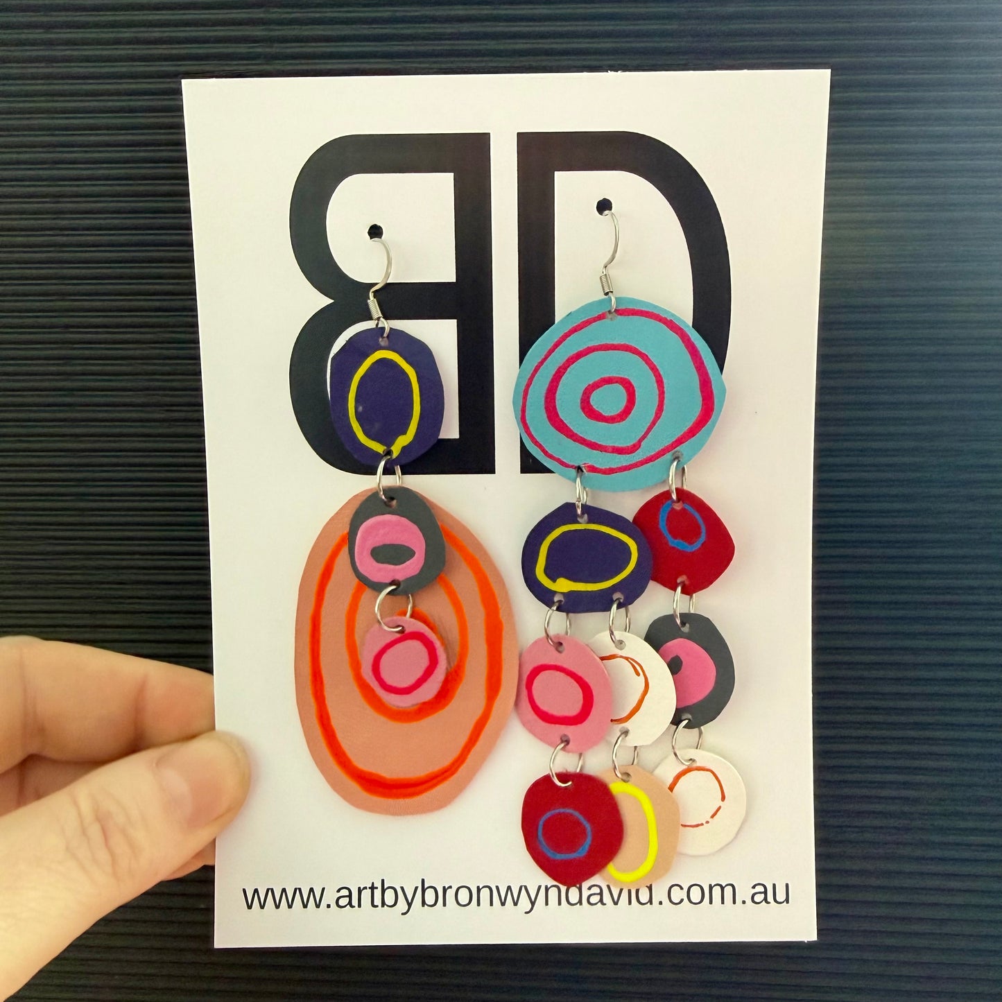 NAIDOC Collection, Mismatch Pink and Blue Gathering Place | Aboriginal Leather Earrings | Art by Bronwyn David