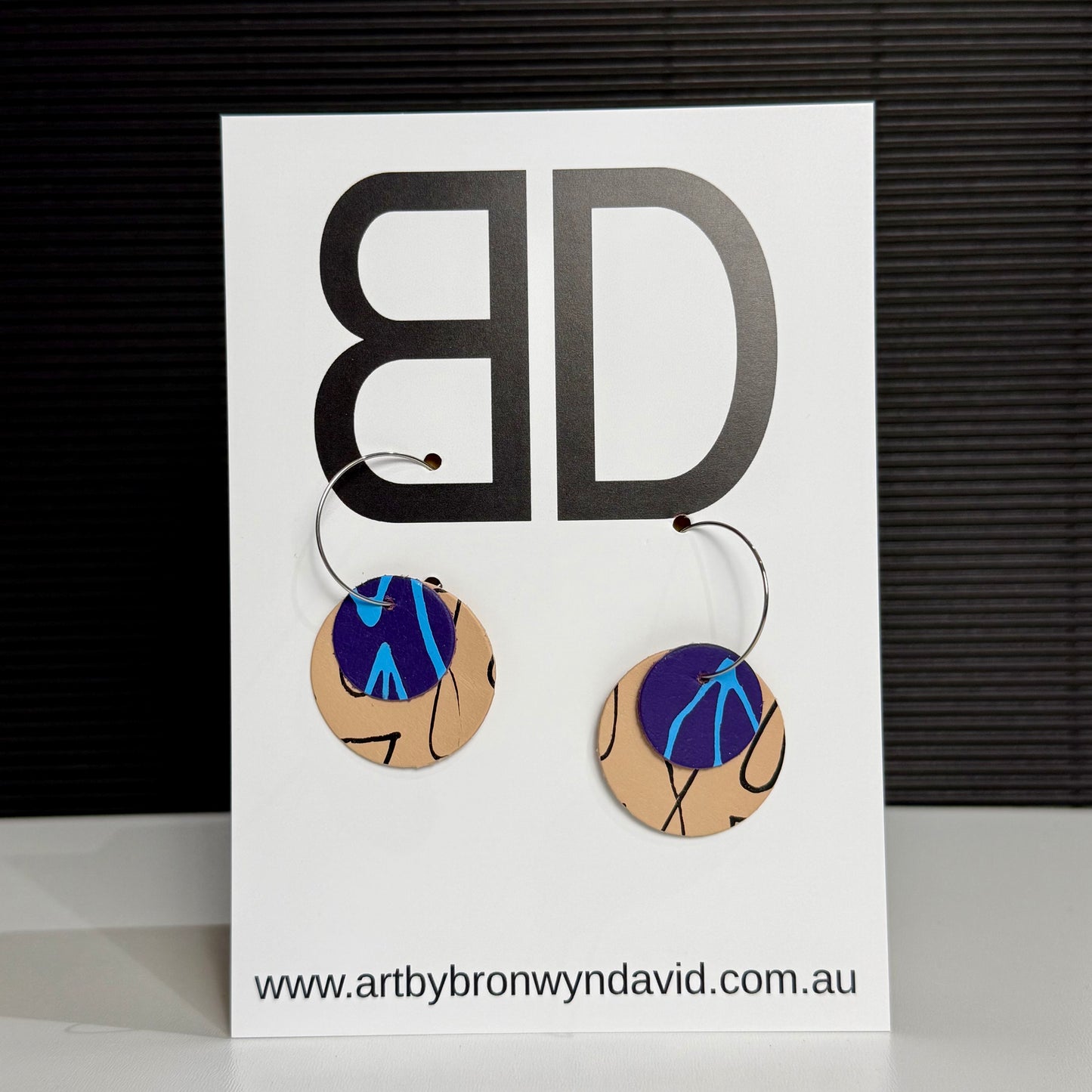Moon Hoops Double Blue and Fawn | Aboriginal Leather Earrings | Art by Bronwyn David