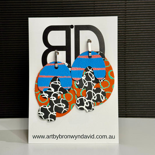Interchangeable Connections Blue and Orange | Aboriginal Leather Earrings | Art by Bronwyn David