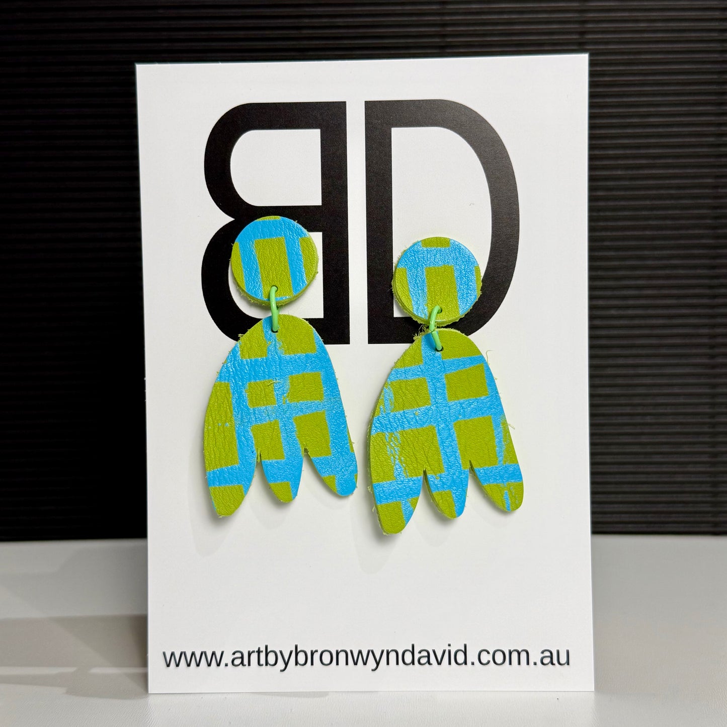 Beverley’s Green and Blue | Aboriginal Leather Earrings | Art by Bronwyn David