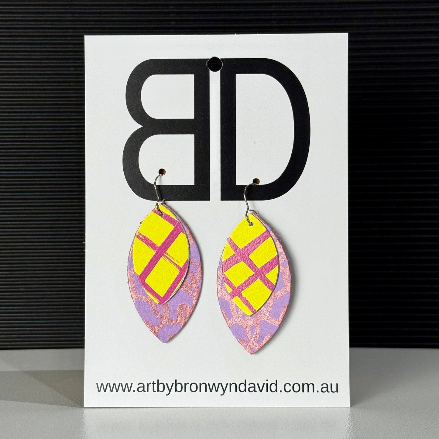 Double Leaves Pink and Yellow | Aboriginal Leather Earrings | Art by Bronwyn David