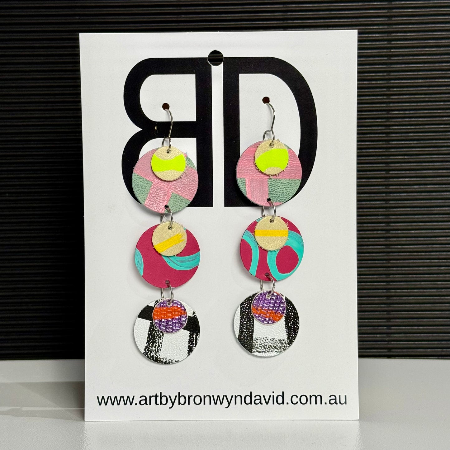 Triple Drop Blue and Pink | Aboriginal Leather Earrings | Art by Bronwyn David
