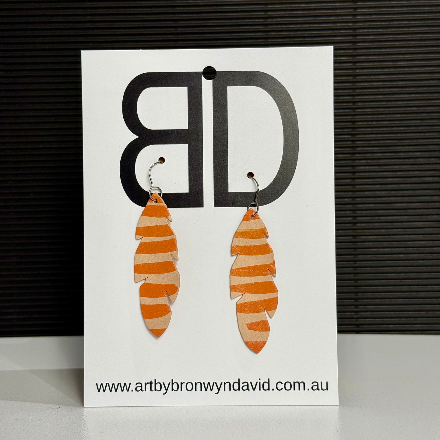 Feather - Single Beige and Orange | Aboriginal Leather Earrings | Art by Bronwyn David