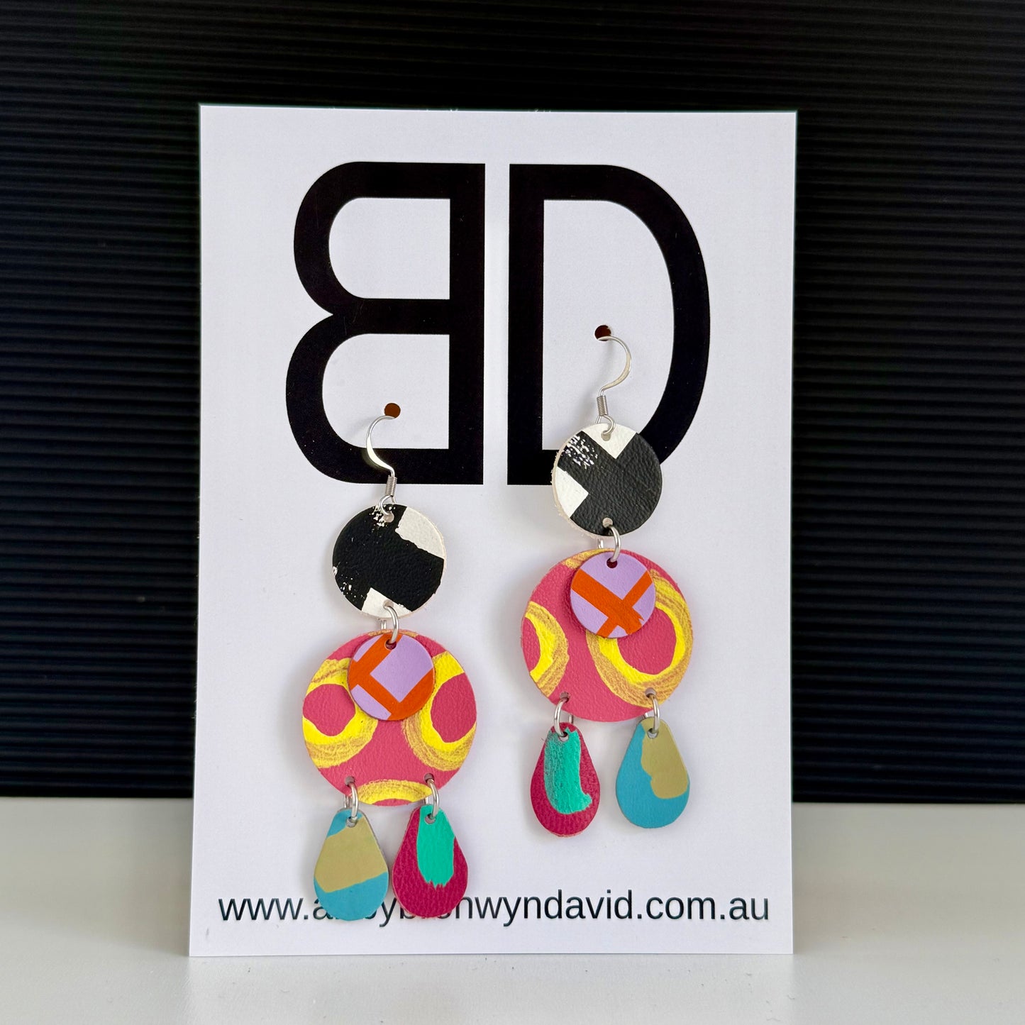 Trio Drop’s Pink and Yellow | Aboriginal Leather Earrings | Art by Bronwyn David