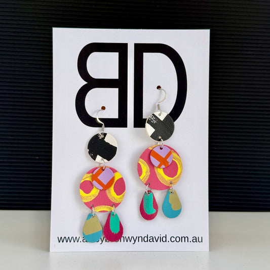 Trio Drop’s Pink and Yellow | Aboriginal Leather Earrings | Art by Bronwyn David