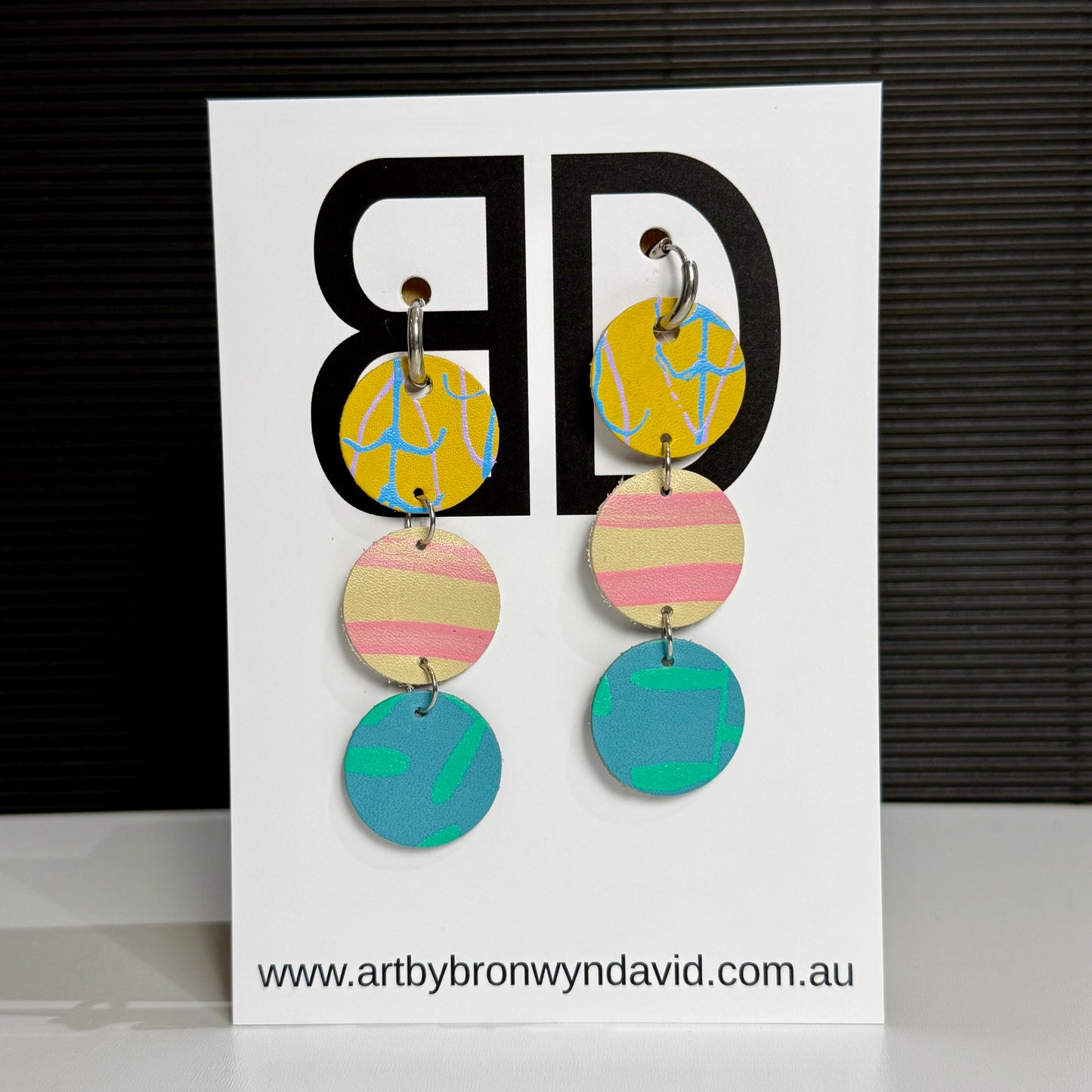 Huggie Drops Yellow and Blue | Aboriginal Leather Earrings | Art by Bronwyn David