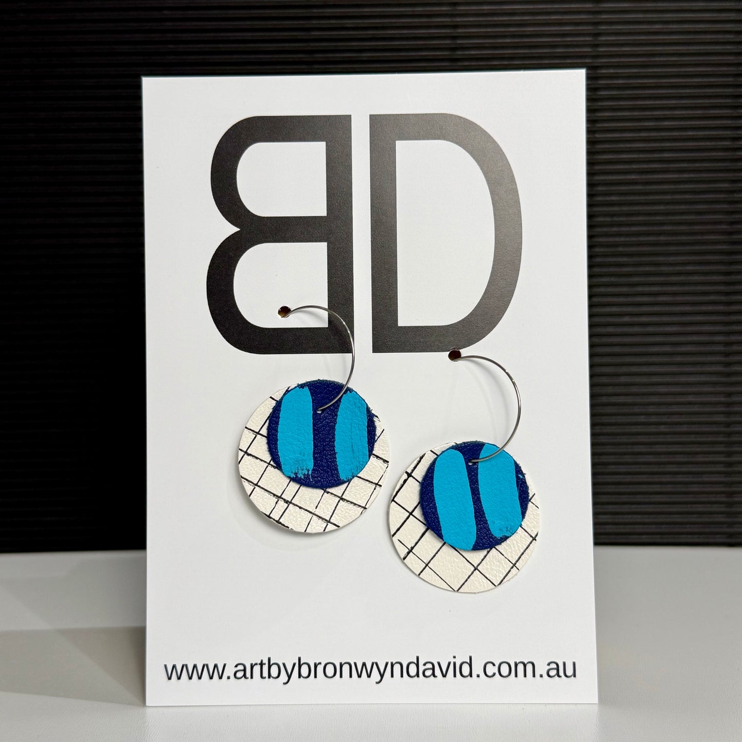 Moon Hoops Double Blue and White | Aboriginal Leather Earrings | Art by Bronwyn David