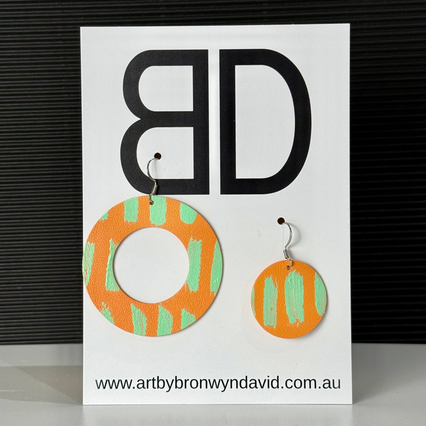 Disc Earrings Mango and Mint | Aboriginal Leather Earrings | Art by Bronwyn David