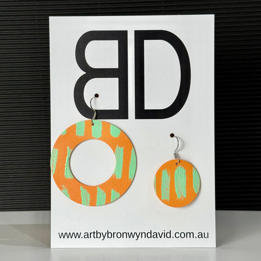 Disc Earrings Mango and Mint | Aboriginal Leather Earrings | Art by Bronwyn David