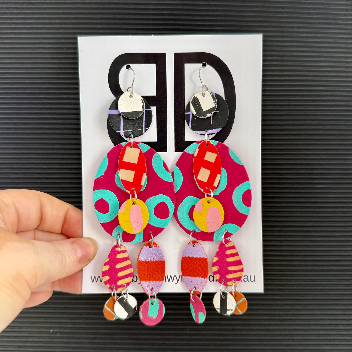 Song Lines Pink and Aqua | Aboriginal Leather Earrings | Art by Bronwyn David