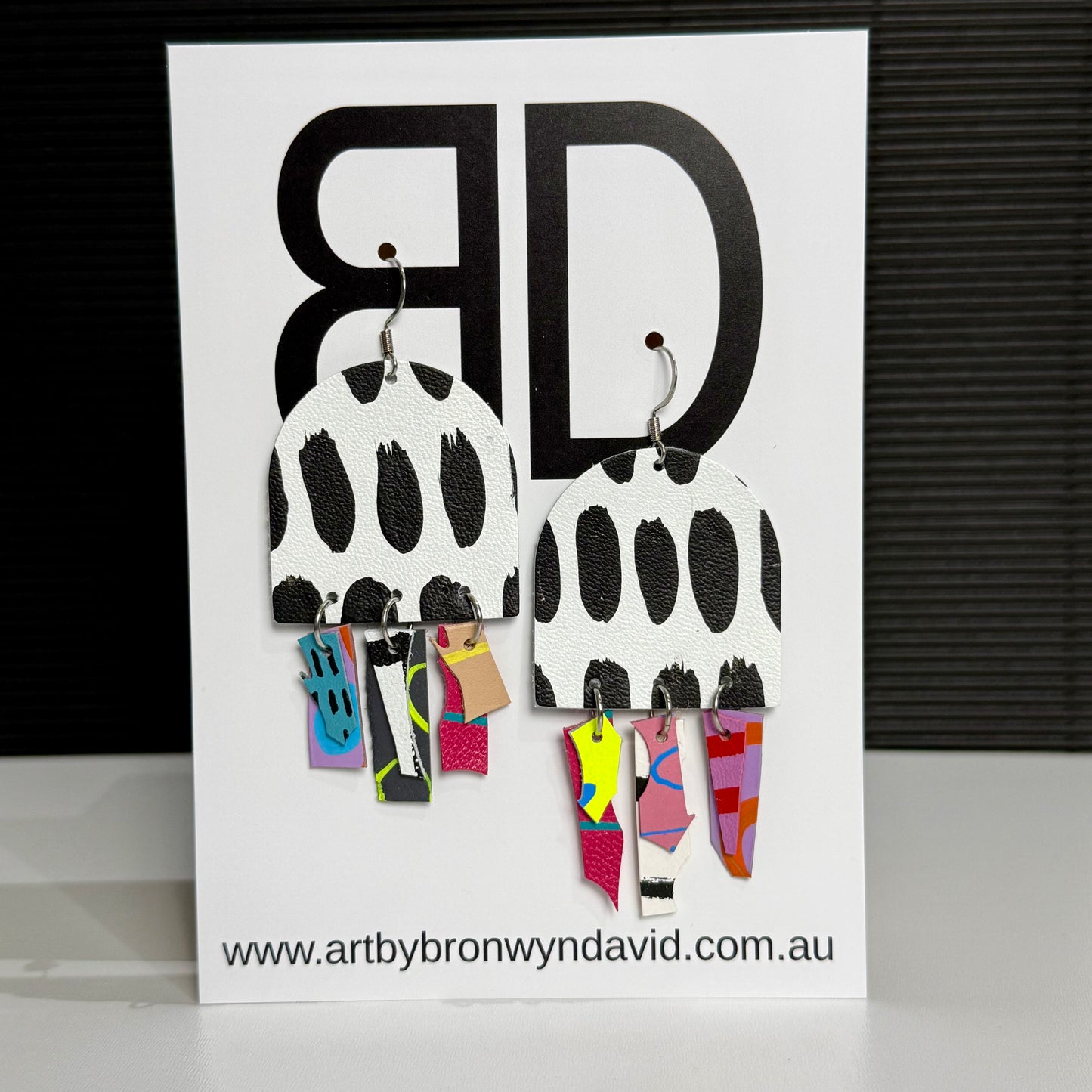 Large Arch Drop White and Black | Aboriginal Leather Earrings | Art by Bronwyn David