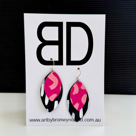Double Leaves - Handmade Painted Leather Earrings - Lightweight Statement Jewellery | Artisan Crafted