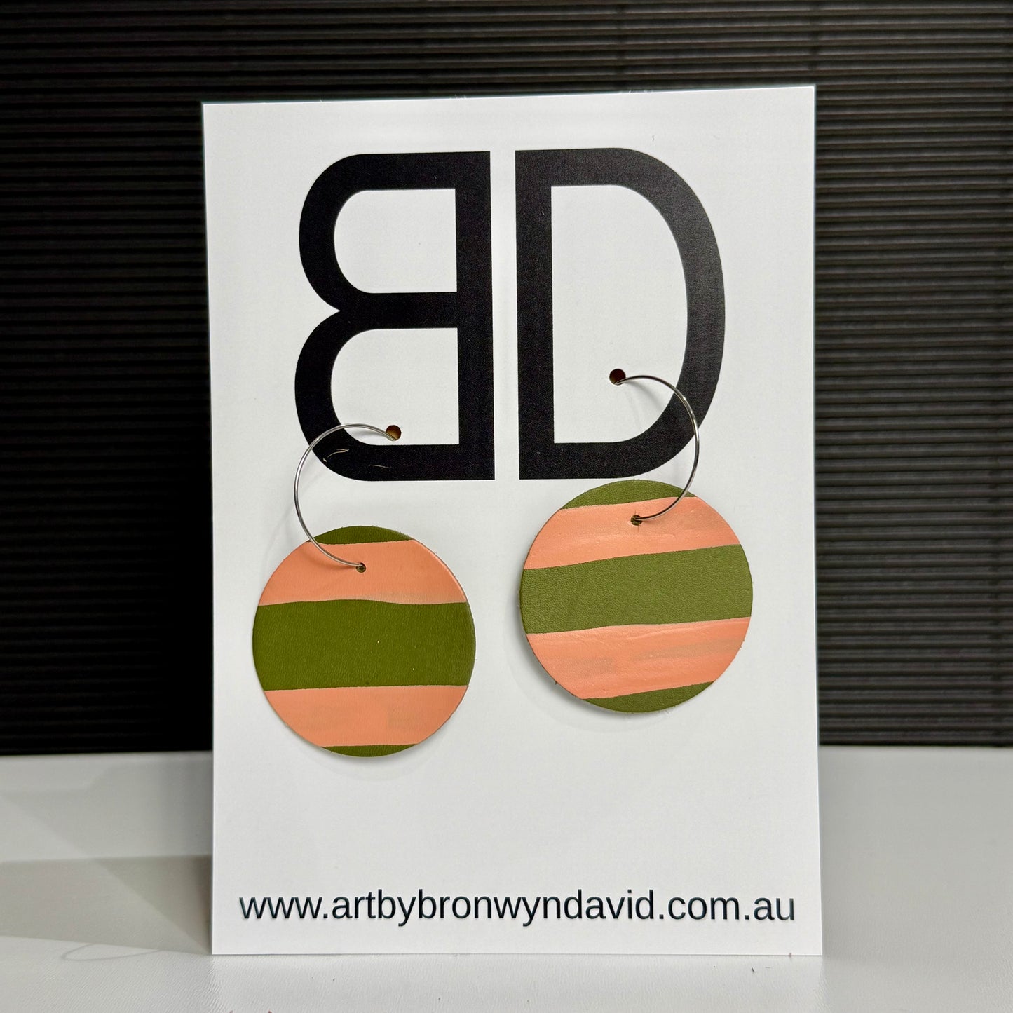 Moon Hoops Peach and Green | Aboriginal Leather Earrings | Art by Bronwyn David