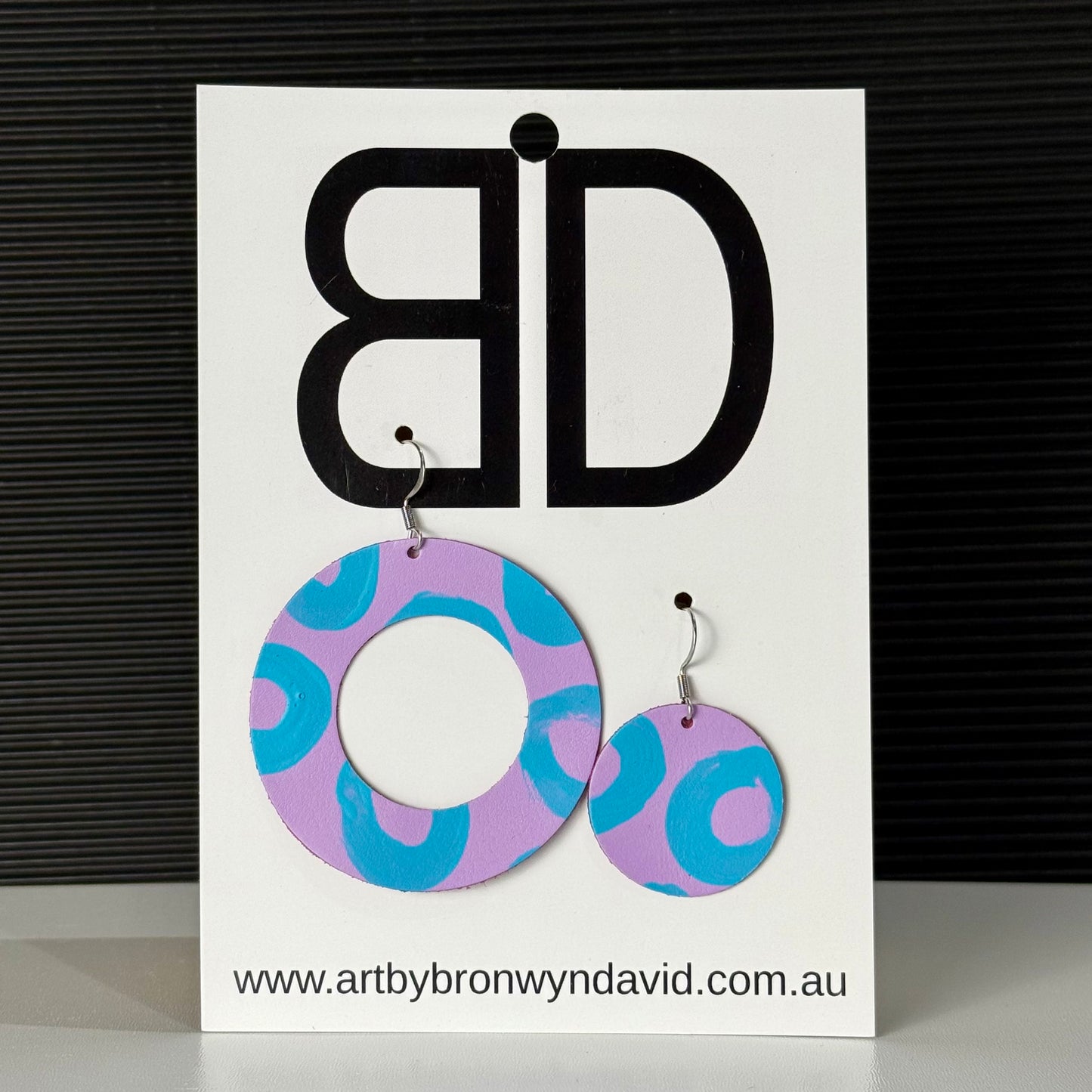 Disc Earrings Mauve and Blue | Aboriginal Leather Earrings | Art by Bronwyn David
