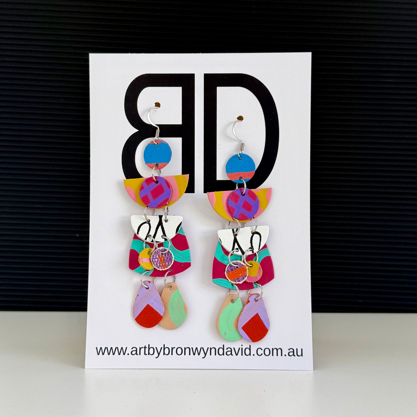 Totem Earrings XL Pink and Teal | Aboriginal Leather Earrings | Art by Bronwyn David