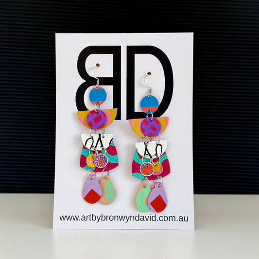 Totem Earrings XL Pink and Teal | Aboriginal Leather Earrings | Art by Bronwyn David