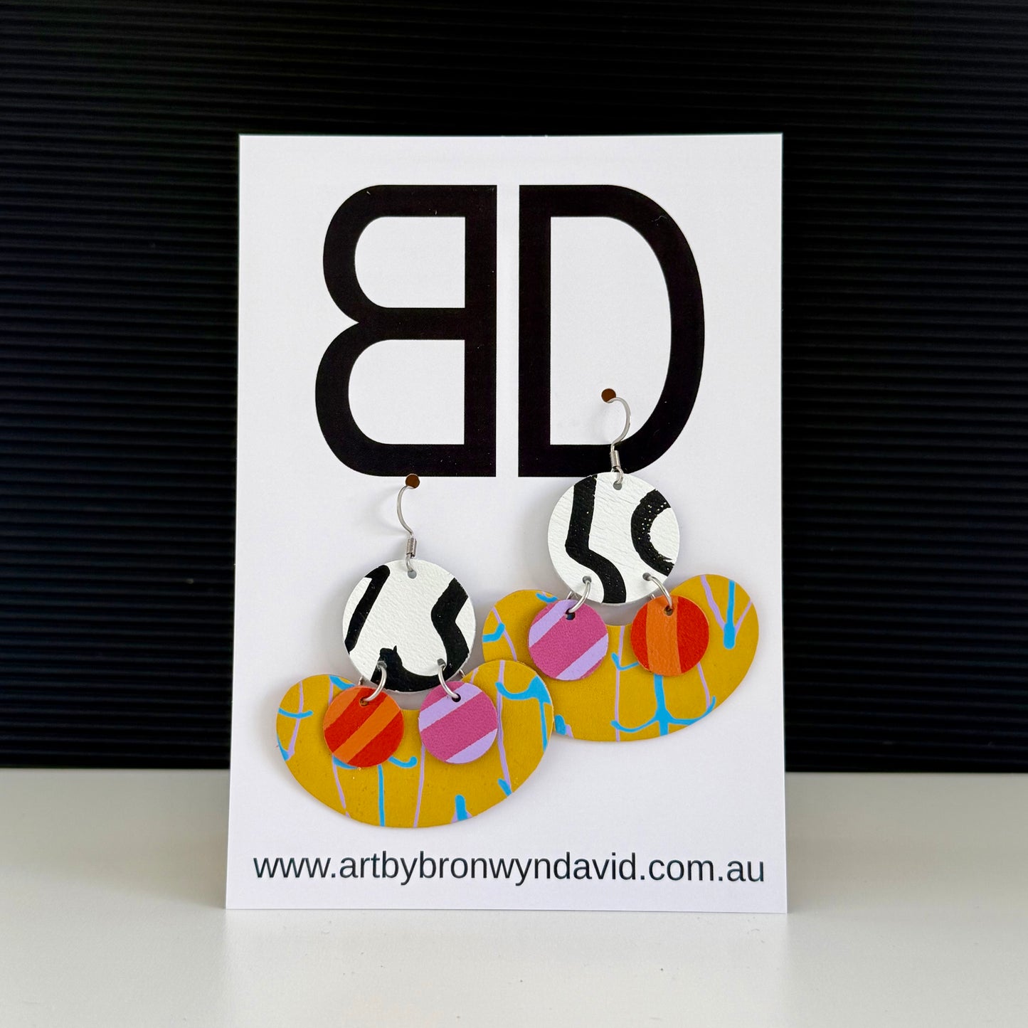 Confetti’s Yellow and Blue | Aboriginal Leather Earrings | Art by Bronwyn David