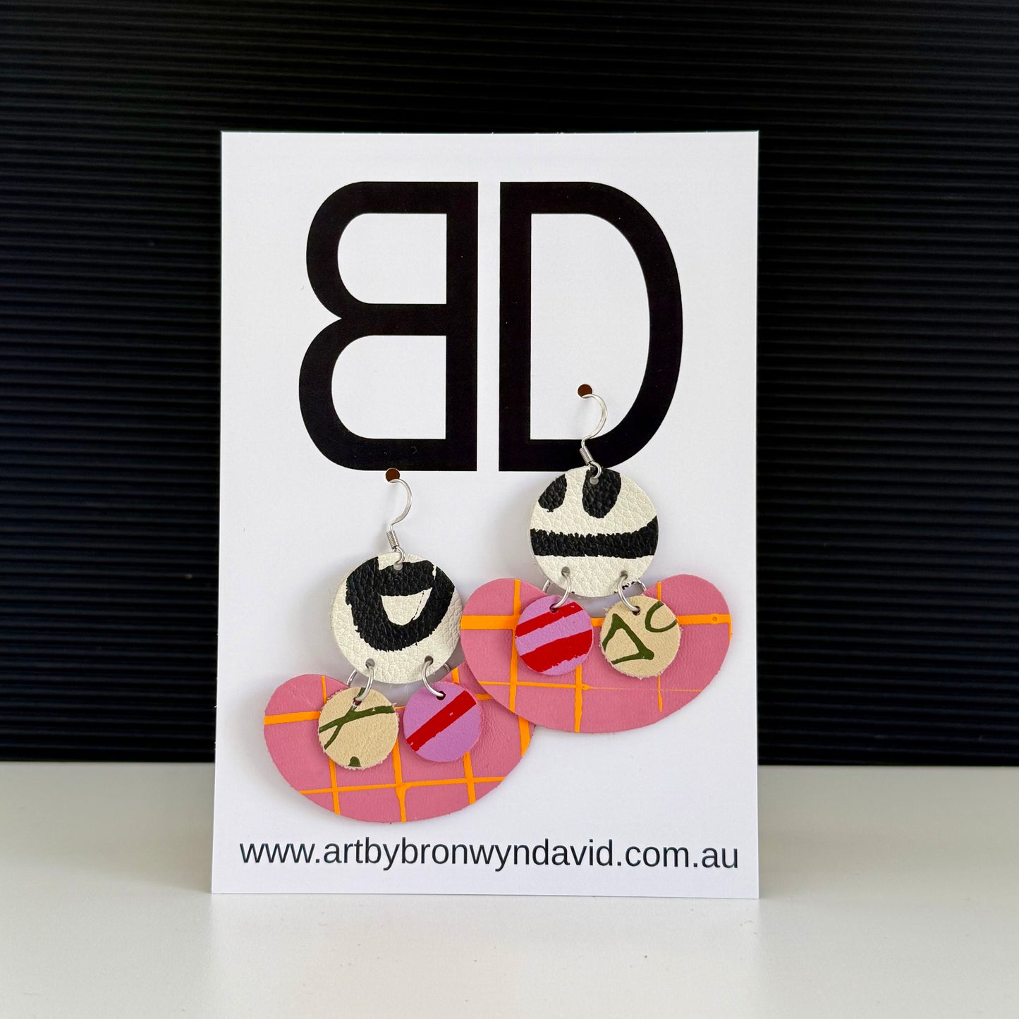 Confetti’s Pink and Neon Orange | Aboriginal Leather Earrings | Art by Bronwyn David