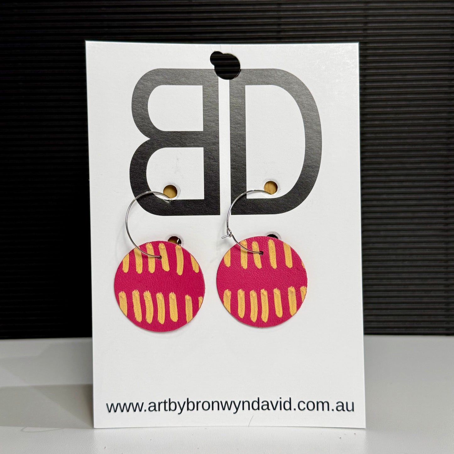 Moon Hoops Mango and Pink | Aboriginal Leather Earrings | Art by Bronwyn David