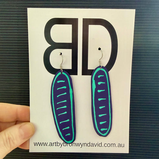 Statement Earrings green and purple seed pods | Aboriginal Leather Earrings | Art by Bronwyn David