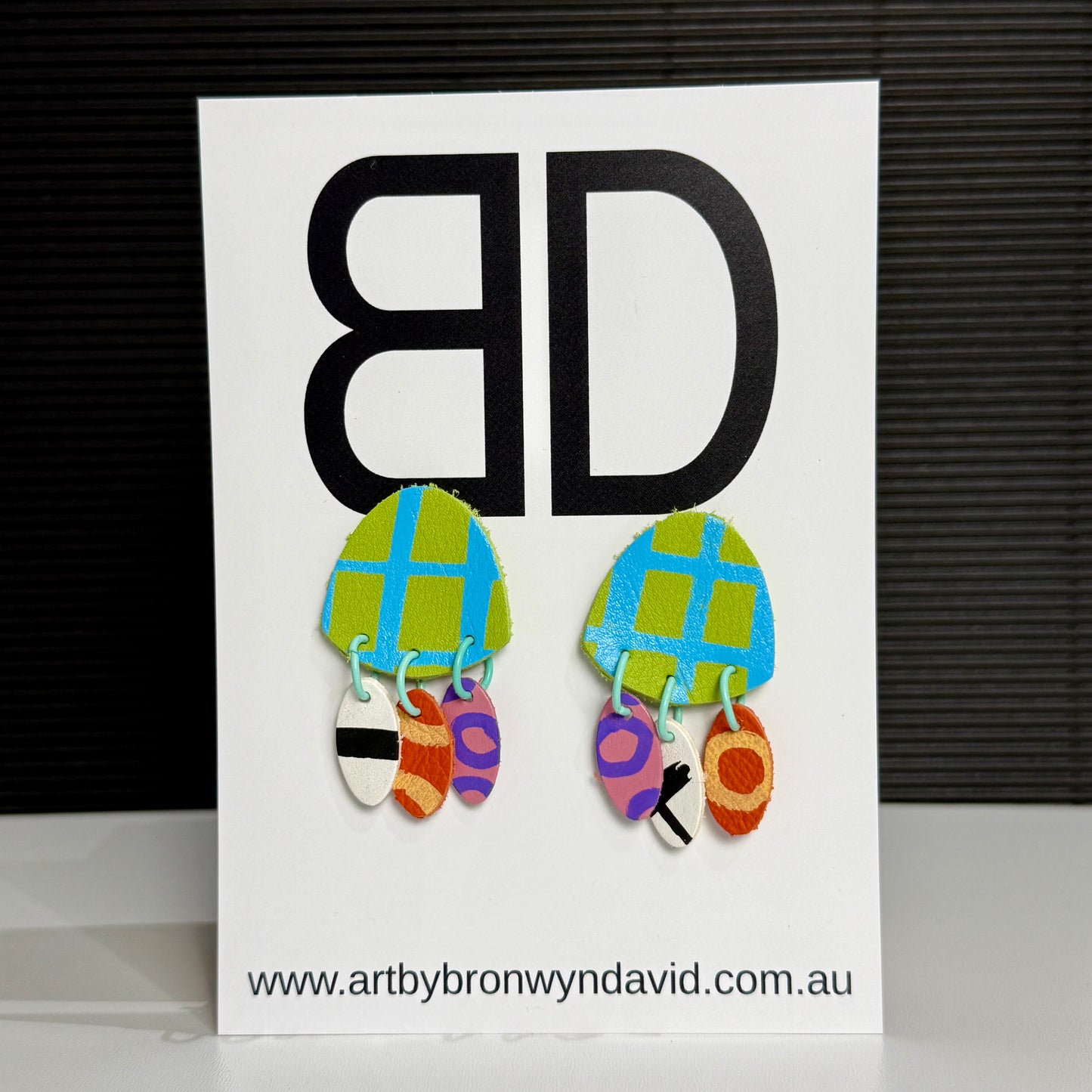 Daisy Drops Green and Blue | Aboriginal Leather Earrings | Art by Bronwyn David