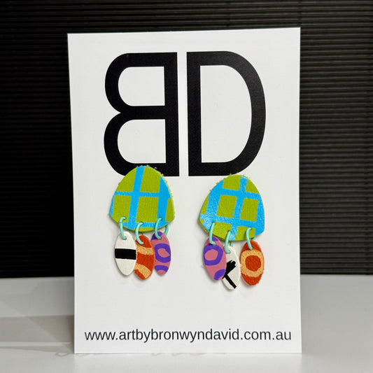 Daisy Drops Green and Blue | Aboriginal Leather Earrings | Art by Bronwyn David